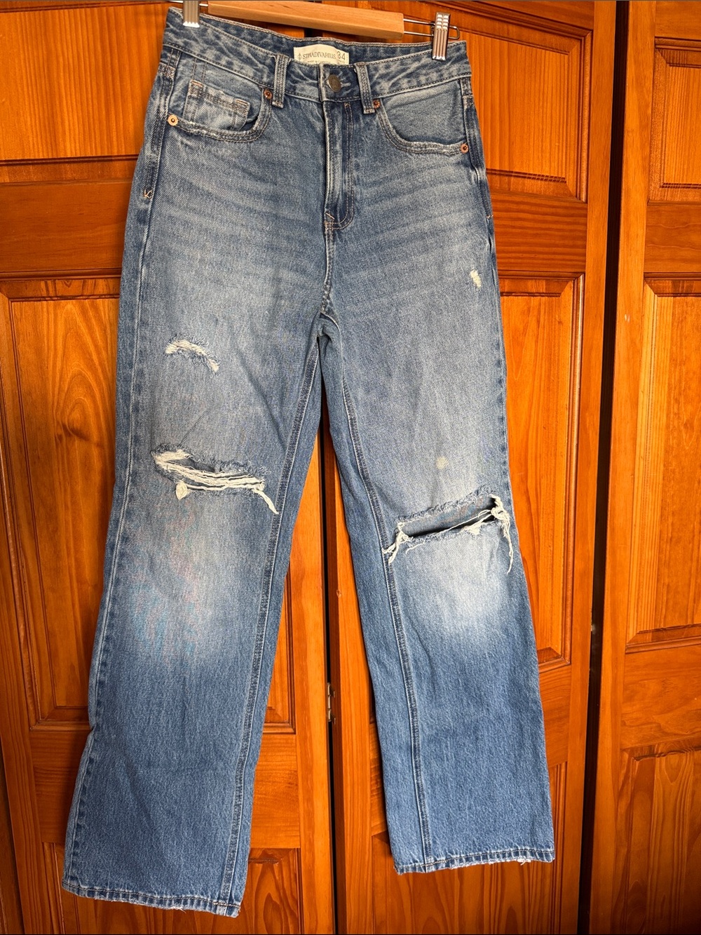 stradivarius Blue Distressed Straight-Leg Jeans